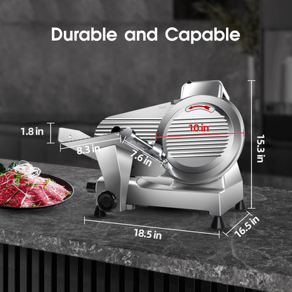 Zomagas 10 inch Commercial Meat Slicer, 240W Frozen & Cheese Slicer, Premium Chromium-plated Steel Blade, Semi-Auto, Low Noise
