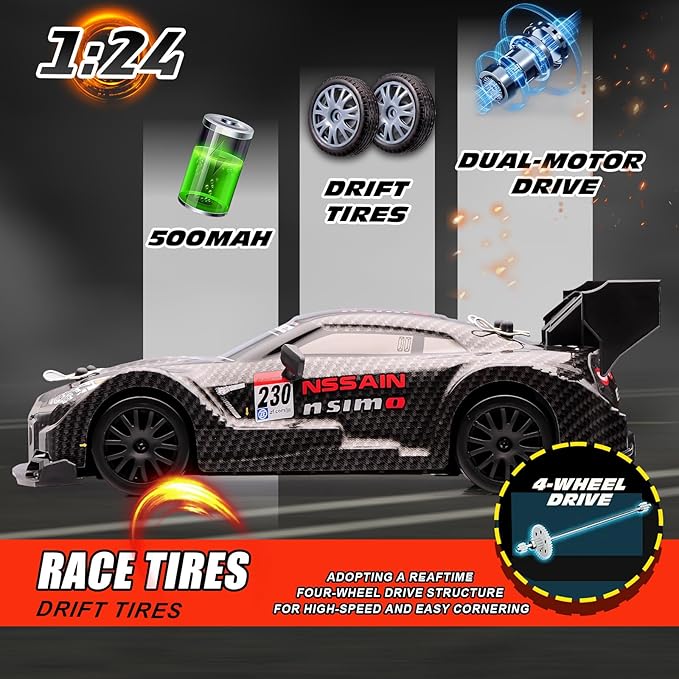 1:24 Scale RC Drift Car4WD 2.4GHz High Speed Racing Hobby Sport Toy Car Vehicle with LED LightsRacing and Drift Wheels for Adult Boys Girls Kids Gift (8601-Black)