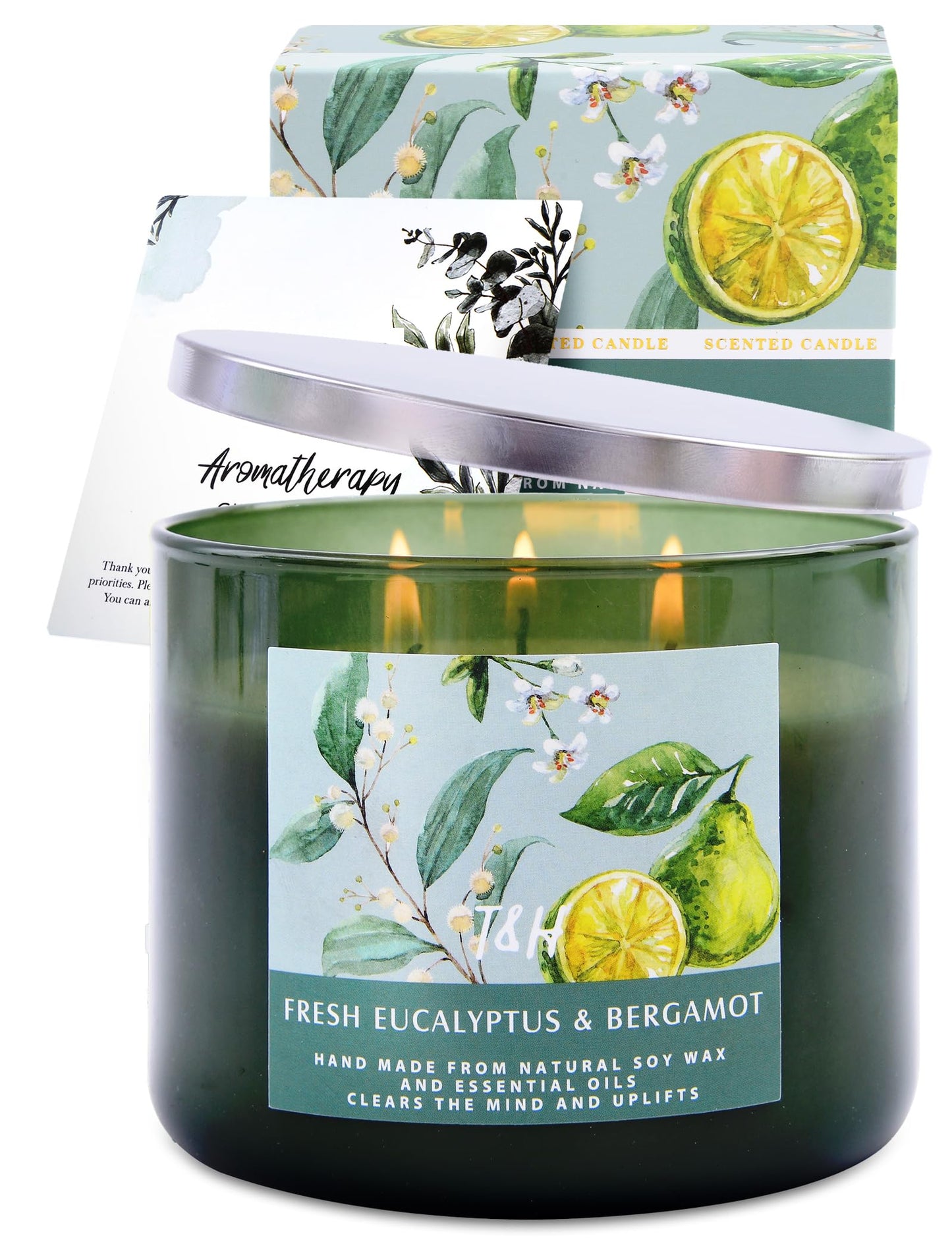 Eucalyptus Bergamot 3 Wick Candle for Home Scented | 15.8 oz Large Soy Candle | Spa Aromatherapy Candles for Home Stress Relief Relaxation | Clean Burn | Gift for Women & Men Housewarming