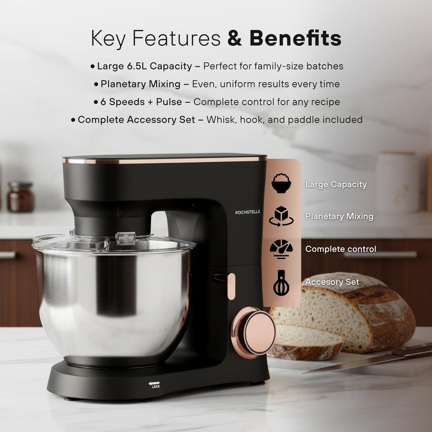 KOCHSTELLE Black Electric Stand Mixer 6.8 Quart Qt, 660W, 6-Speed Adjustable, Stainless Steel Planetary, Portable, Compact & Elegant Kitchen Mixer for Baking & Cooking