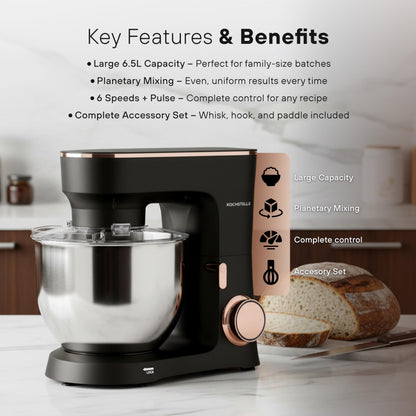 KOCHSTELLE Black Electric Stand Mixer 6.8 Quart Qt, 660W, 6-Speed Adjustable, Stainless Steel Planetary, Portable, Compact & Elegant Kitchen Mixer for Baking & Cooking