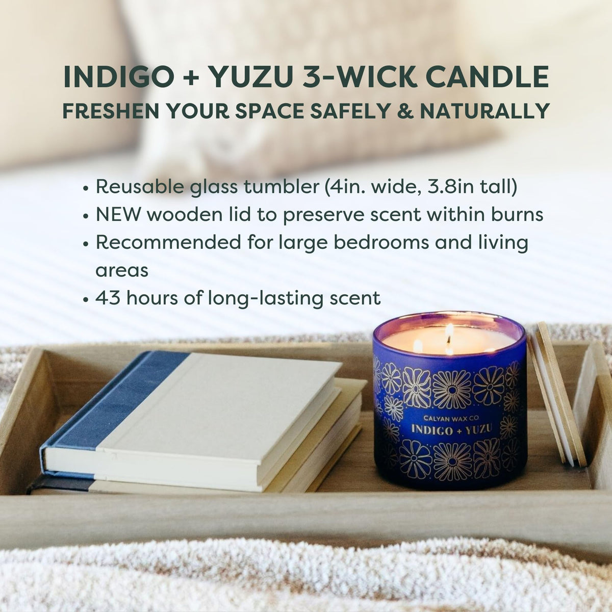 Calyan Wax Co. Indigo & Yuzu 3 Wick Scented Candle - 43 Hour Burn - Luxury 3 Wick Soy Candles - Clean Soy Wax Candles - Long Lasting Large Glass Jar Candle for Home - 14.9oz