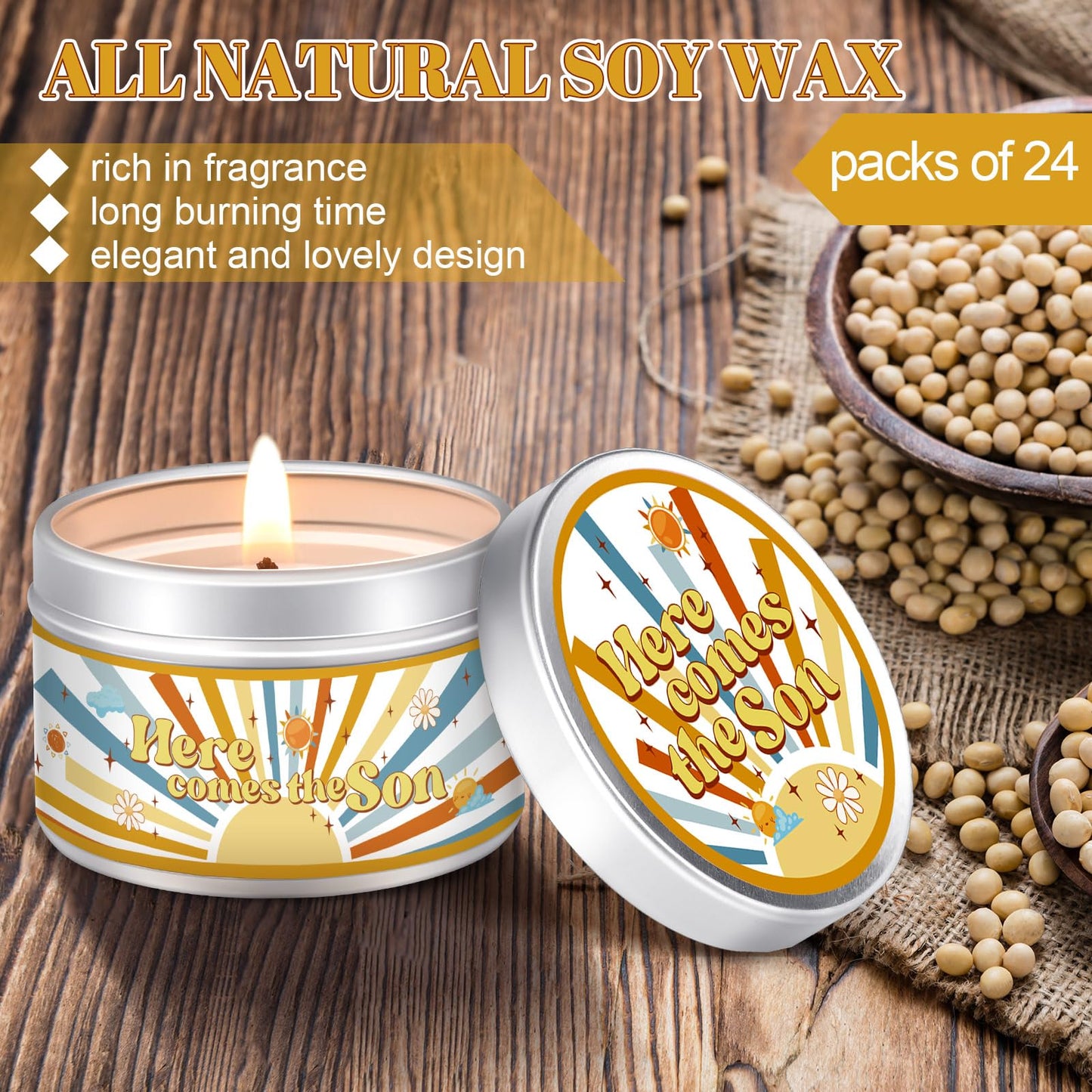 MTLEE 24 Pcs Here Comes The Son Baby Shower Party Favors Candles Lavender Scented Baby Shower Favors for Guests Rustic Tealights Candles Gender Reveal Return Gifts (1.2 oz, Yellow)