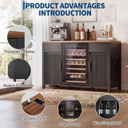 Garvee 53" Fluted Coffee Bar with Mini Fridge Space & Charging Station, Fits 19.7" Mini Fridge, Fridge Cabinet with Wine Storage, Buffet Sideboard with Wine Rack and Storage for Dining Room, Black
