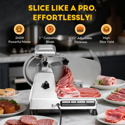 CGOLDENWALL Meat Slicer Machine with Teflon Non-stick Blade 240W Electric Meat Slicer for Frozen Meat/Deli Meat/Cheese/Food Slicer, Low Noises Commercial and Home Use