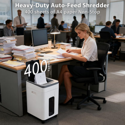 Trishintage Heavy Duty Paper Shredder: 400-Sheet Auto Feed P5 Micro-Cut Document Credit Card Shredding with Jam-Proof Design for Home Office Business School