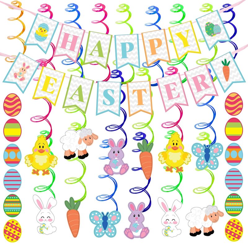JOYIN 31 PCS Easter Decorations Spring Decor Egg Bunny Foil Swirl Party Hanging Decoration Huge Value Kit for Easter Home Themed Party