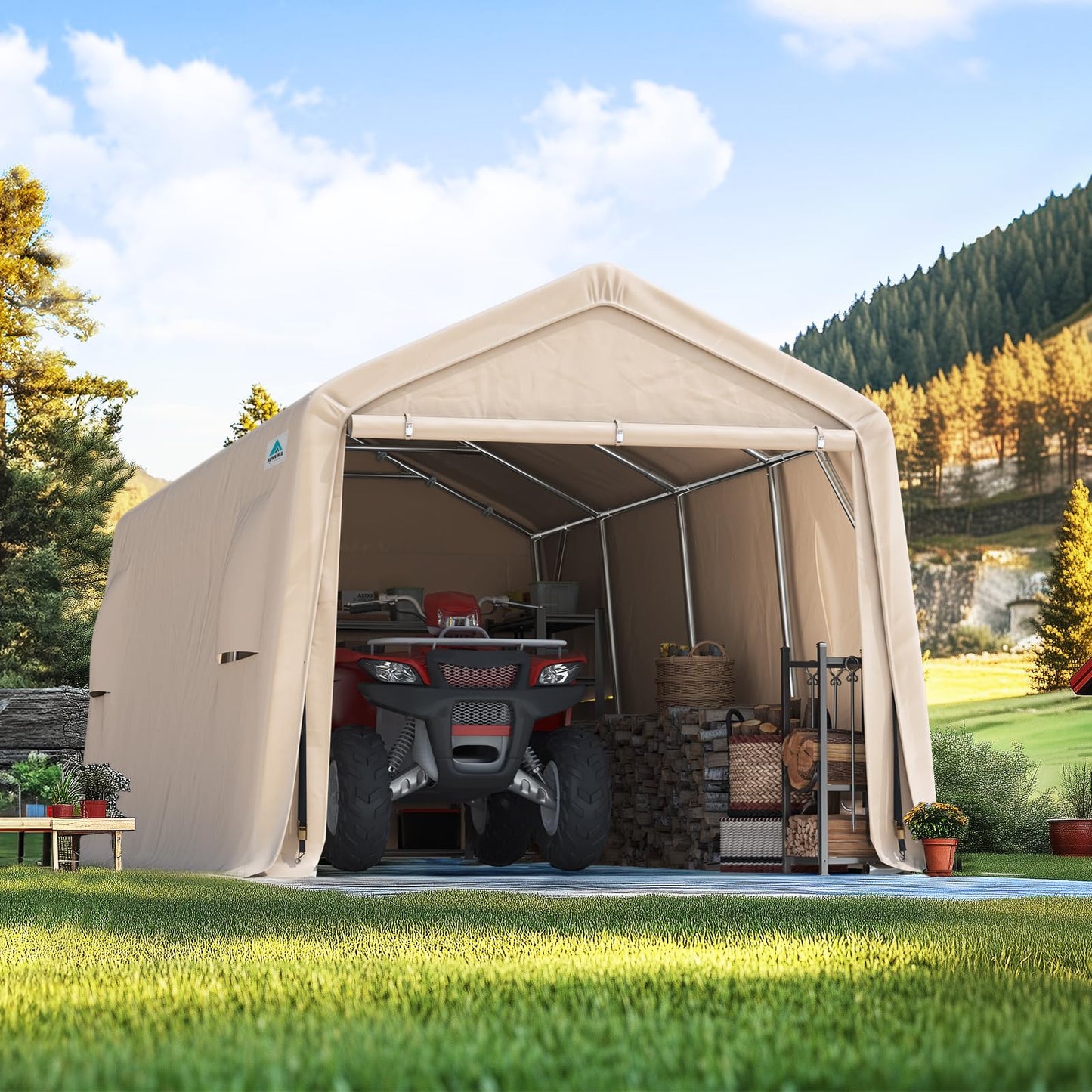 ADVANCE OUTDOOR Heavy Duty 10X20 ft Carport Outdoor Patio Portable Canopy Storage Shelter Shed with 2 Rolled up Zipper Doors & Vents for Snowmobile Garden Tools, Beige