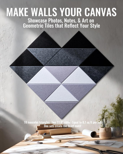 PebblingQ Felt Wall Tiles Bulletin Board, Modular Decorative Panels for Home Office, Kids Room, Classroom, DIY Geometric Design, Creative Photo Display Board, 18 Pack 11.8" Triangle Tiles(Ether)