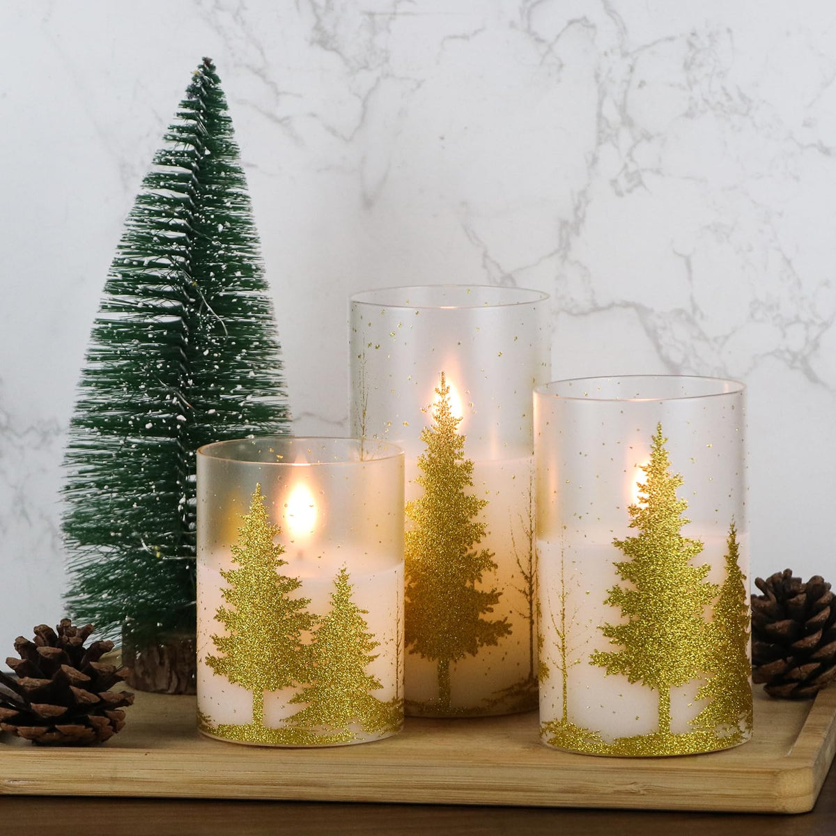 DRomance Christmas Tree Glass Flameless Candles with Remote Timer Battery Operated Real Wax 3D Wick LED Flickering Pillar Candles Christmas Holiday Decor(Gold, 3 x 4,5,6 Inch)
