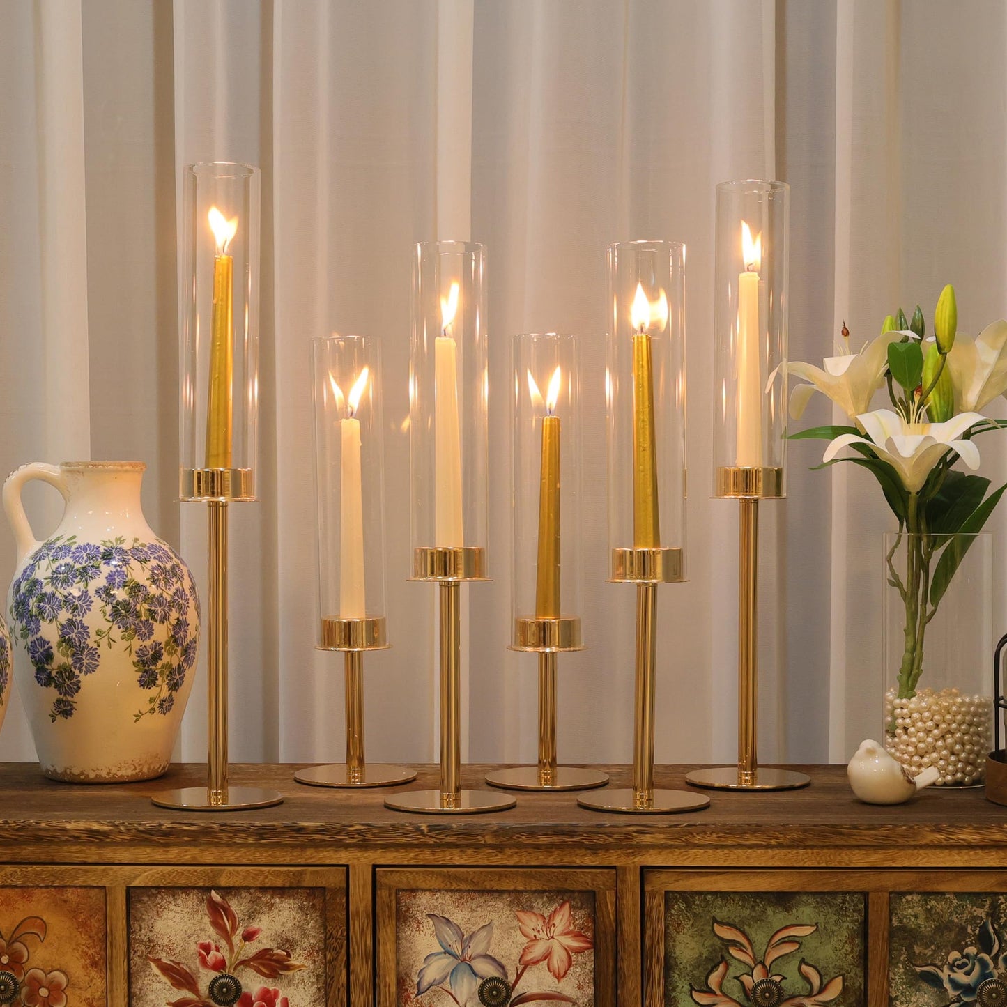 Ronasip Hurricane Candle Holders Metal Candlestick Holder for Glass Taper Tall Candle Holders with Candles Stands for Home Decor, Christmas, Dinning, Wedding, Housewarming Gifts (6, Gold)