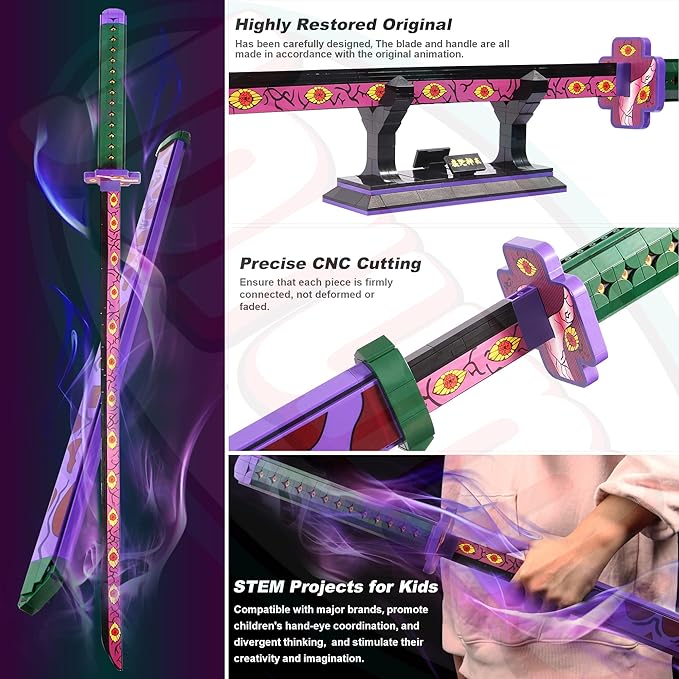 Jorumo Sword Building Set 39in Kokushibo Sword Building Block with Scabbard and Stand Handmade Cosplay Anime Sword Toy Building Set for Collecting and Gifting 789 pcs