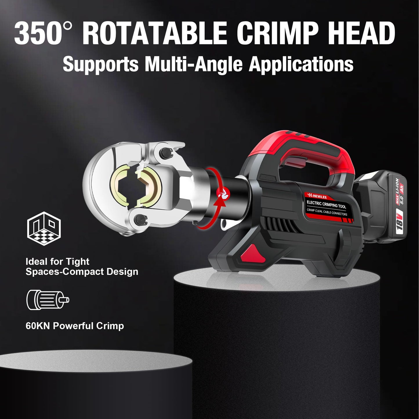 HHEWLEE Electric Wire Cable Crimper Battery Powered Hydraulic Crimping Tool Range 8AWG to 600MCM with 12 Dies, Electricians for Circuit Repairs and Stainless Steel Deck Upgrades (HL-300K)
