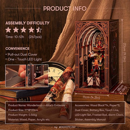 Book Nook Kit - DIY Miniature Dollhouse Kit for Adults and Teens Tiny House Booknook Bookshelf Decor 3D Wooden Puzzle Gifts for Family Friends (Alice Evidence)