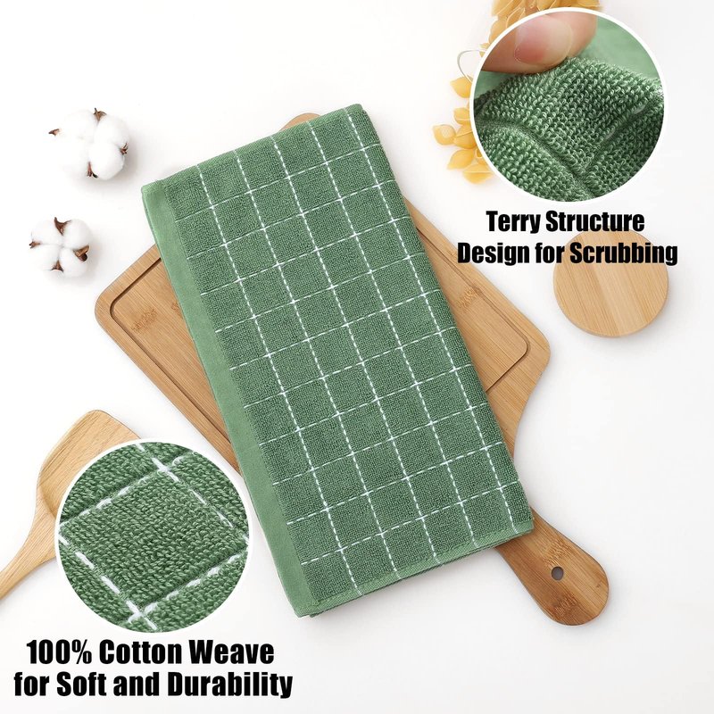 Homaxy 100% Cotton Terry Kitchen Dish Cloths, Ultra Soft and Absorbent Dish Towels for Kitchen, Suitable for Drying and Washing Dishes, 12 Pack, 12 x 12 Inches, Grass Green