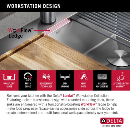 DELTA FAUCET 95A932-33S-SS Lorelai Workstation Kitchen Sink Drop-in Top Mount Stainless Steel Single Bowl with WorkFlow Ledge and Chef’s Kit of 5 Accessories