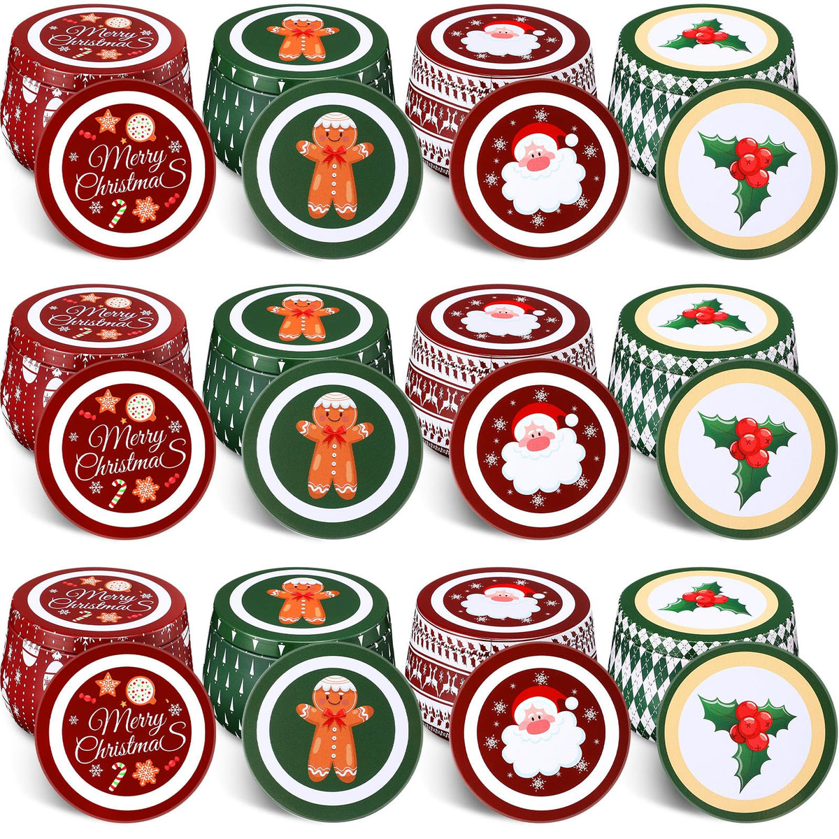 Yungyan Christmas Candle Tin Cans Set Metal Candles Tin Gifts Jars with Lids 8 oz Christmas Cookie Tins Candle Containers for Storing Biscuits Tea Party Favors(12 Pcs)