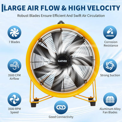 GarveeTech 12 Inch Heavy Duty Utility Blower Fan, 3500 CFM Industrial Air Mover High Velocity, with 32.8ft Flexible Duct, Portable Industrial Exhaust Fan for Extraction and Ventilation