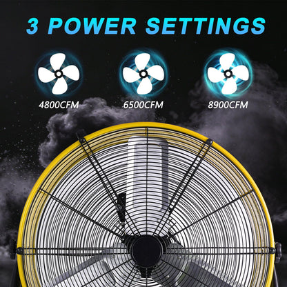 WARMLREC 24" Industrial Floor Fan, 8900 CFM High Velocity Drum Fan with 3 Speeds, Portable Heavy Duty Industrial Fan for Warehouse, Workshop, Factory, Commercial, Residential and Greenhouse Yellow