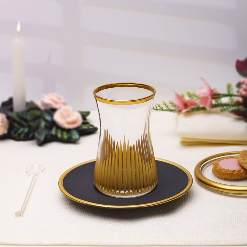 DECOSTYLE Turkish Tea Set, Glass and Plate (Set of 6), 12 pcs, Matte Gold, Vintage Handmade Tea Time, Turkish Glass Masters, Capacity: 5 1/4 US oz 160 cc (Black)