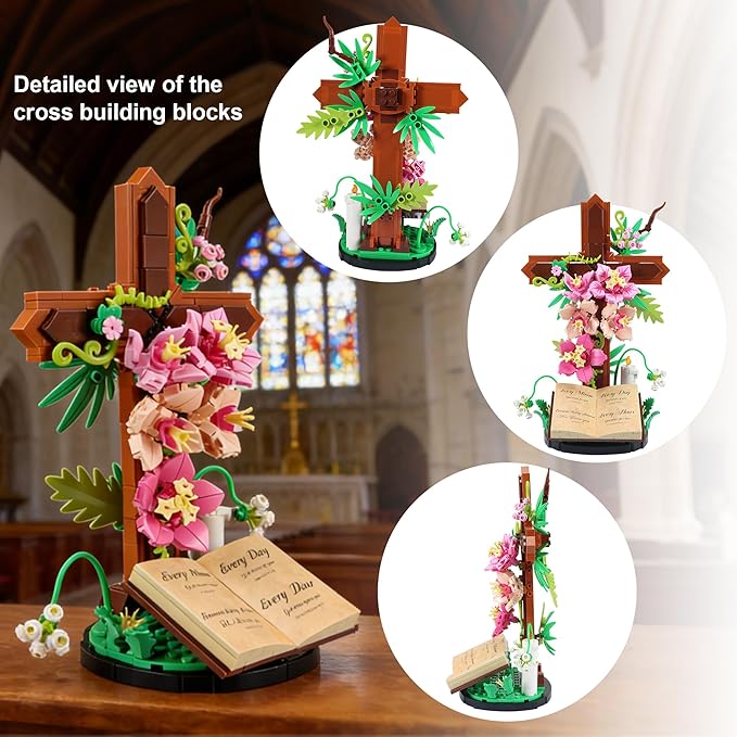 Jesus Cross Flower Building Set for Adults Decorative Cross Building Blocks Great Easter Christmas Christian Birthday Gifts for Mothers Women Adults (363 PCS)