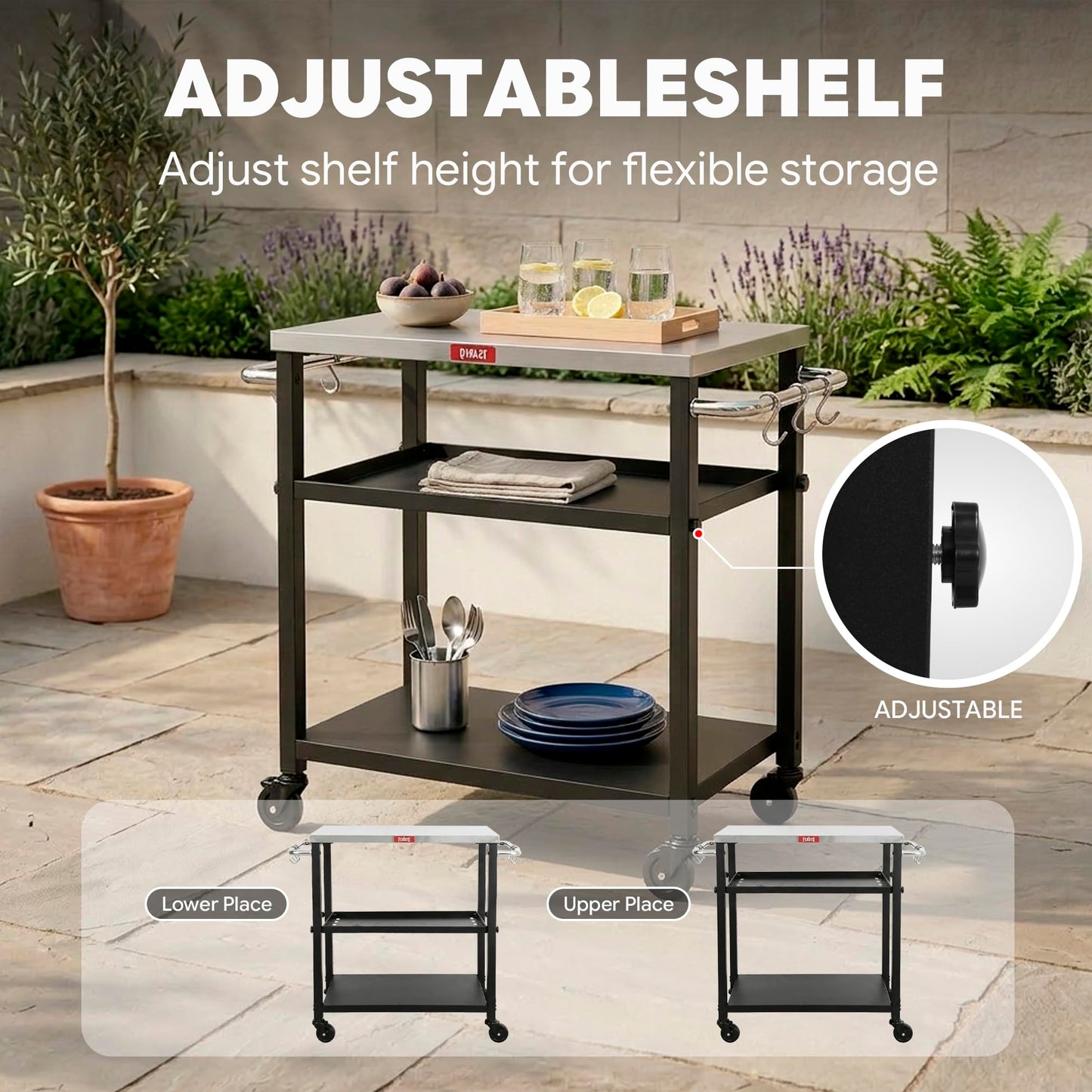 Feasto 3-Tier Outdoor Grill Cart, Rolling Pizza Oven Table with Compact 26.6" x 16.1" Stainless Top for Pizza Ovens & Griddles, Outdoor Bar Cart with S-Hooks for Patio Parties, Deck Dining & Camping