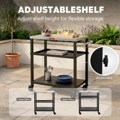Feasto 3-Tier Outdoor Grill Cart, Rolling Pizza Oven Table with Compact 26.6" x 16.1" Stainless Top for Pizza Ovens & Griddles, Outdoor Bar Cart with S-Hooks for Patio Parties, Deck Dining & Camping