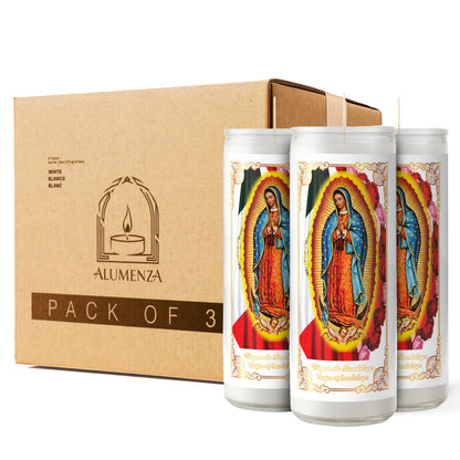 Alumenza 3 Pack Virgen de Guadalupe Candle in Glass Jar 90 Hours– Paraffin Wax, Clean Burning Unscented | Large & Tall Devotional Prayer Pillar Candles for Home, Memorial, Rituals