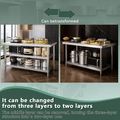 Stainless Steel Table with Wheels for Food Preparation and Work Extra-Large, Multi-Size Optional, Three-Layer Variable Two-Layer Metal Commercial Workbench Restaurant, Kitchen (60" Lx24 Wx34 H)