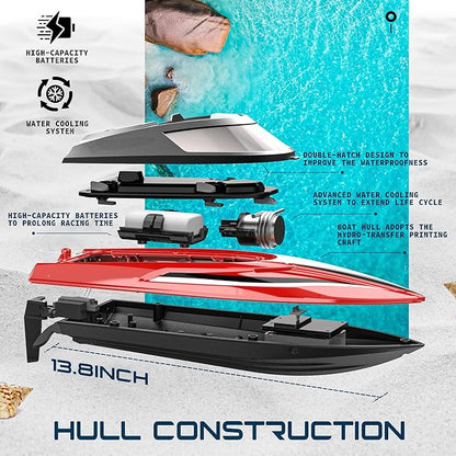 BEZGAR RC Boat 14 inch Remote Control Boat - Self-righting 40 Min Dual-Battery 32 KPH Fast RC Boats for Kids &amp Adults with LED Lights for Pool Lake Ocean Waterproof &amp Suitcase - Red