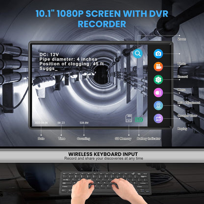 Sewer Camera, 10.1" 1080P Touchscreen Sewer Pipe Inspection Camera with 512Hz Transmitter, Self-Leveling, Distance Counter for Drain Plumbing Pipe, IP68 Waterproof DVR Recorder/Audio-16 GB, 165FT