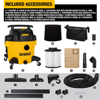 DEWALT Wet and Dry Vacuum 9 Gallon Poly Wet/Dry Vac Yellow Shop Vacuum 5 HP Strong Suction for Jobsite, Workshop 3 in 1 Multi Functions Model: DXV09P