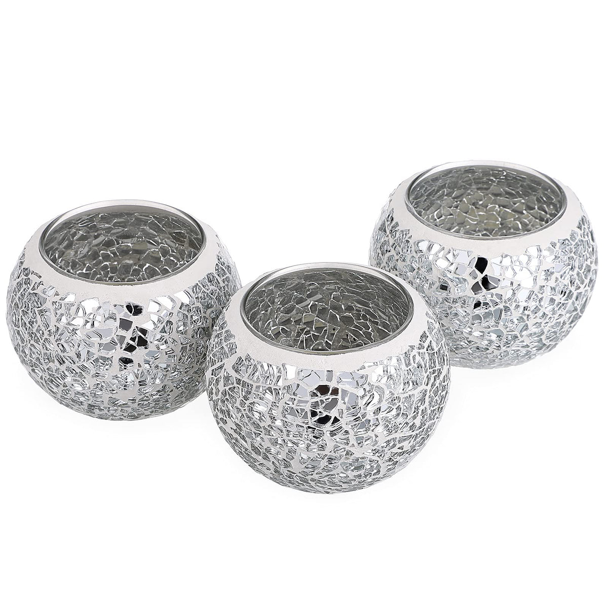 OwnMy 3PCS Mosaic Glass Tea Light Holders Round Bowl Votive Candle Holders Pillar Candle Stands, Silver Glass Mosaic Tealight Holders Potted Plant Bowl Vase Candle Centerpiece for Dining Table Wedding