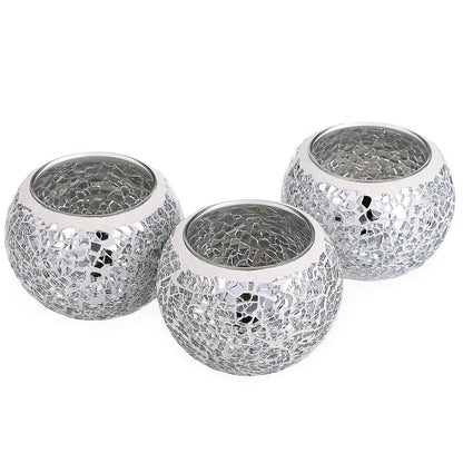 OwnMy 3PCS Mosaic Glass Tea Light Holders Round Bowl Votive Candle Holders Pillar Candle Stands, Silver Glass Mosaic Tealight Holders Potted Plant Bowl Vase Candle Centerpiece for Dining Table Wedding