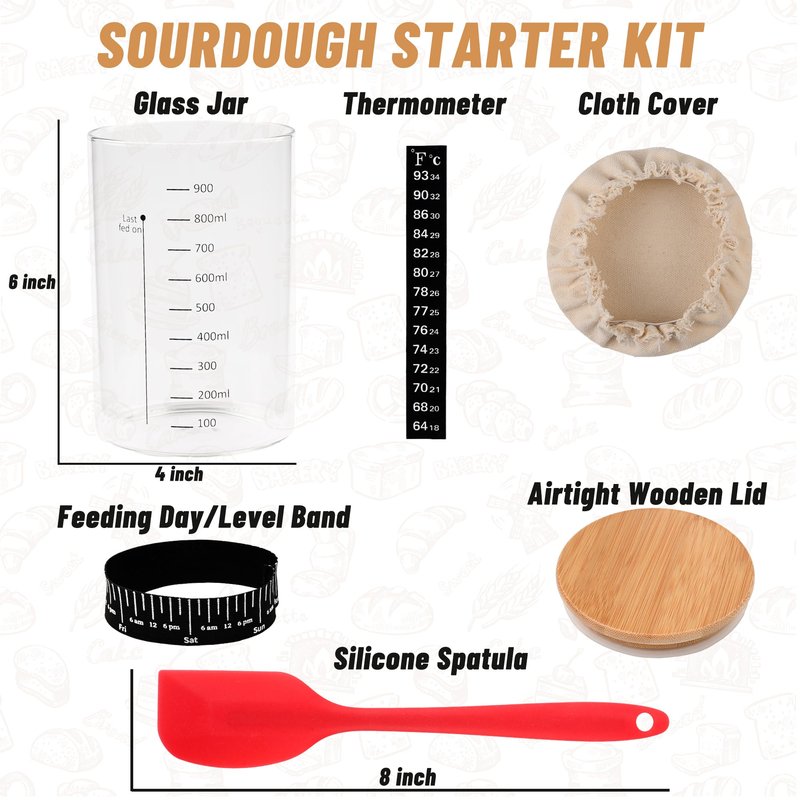 Xileanalee Pro Sourdough Starter Jar Kit- 35 Oz Large Sourdough Starter Glass Jar with Date Marked Feeding Band,Thermometer,Spatula,Cloth Cover& Lid for Sour Dough Bread Loaf