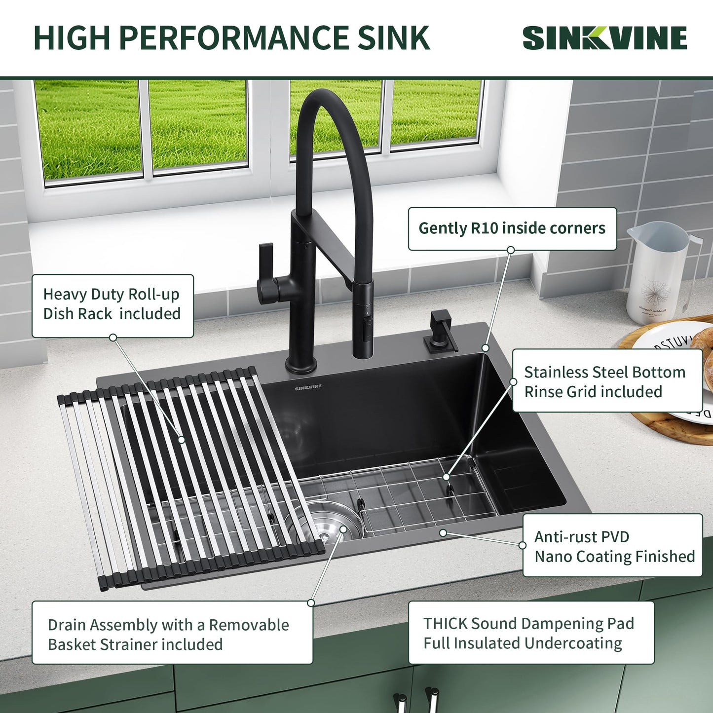 Drop-In Deep Laundry Sink 25 x 22 inch Black, SINKVINE Single Bowl Nano Stainless Steel Kitchen Sink for Outdoor and Indoor Top Mount, with Drain Strainer, Bottom Grid, Roll-up Drying Unit, Dark Gray