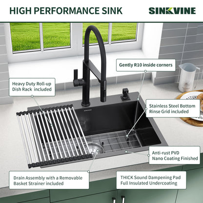 Drop-In Deep Laundry Sink 25 x 22 inch Black, SINKVINE Single Bowl Nano Stainless Steel Kitchen Sink for Outdoor and Indoor Top Mount, with Drain Strainer, Bottom Grid, Roll-up Drying Unit, Dark Gray