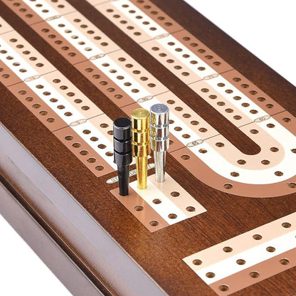 AMEROUS Wooden Cribbage Board Game Set with Magnetic Lock - Metal Pegs - 2 Playing Cards - Continuous 3 Track Board - Larger Storage Area Travel Portable Cribbage Game Sets for Family