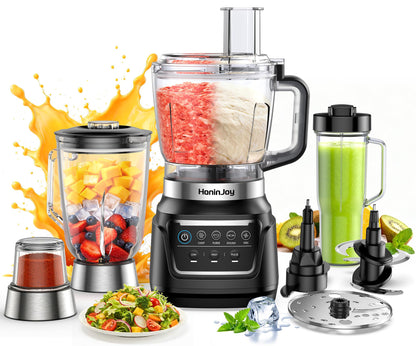 HoninJoy All-in-One Blender & Food Processor, 10-in-1 Professional Blender for Smoothies, Ice Crushing, Dough Making, Chopping, Grinding, Slicing & Shredding, Dishwasher Safe for Kitchen & Home Use