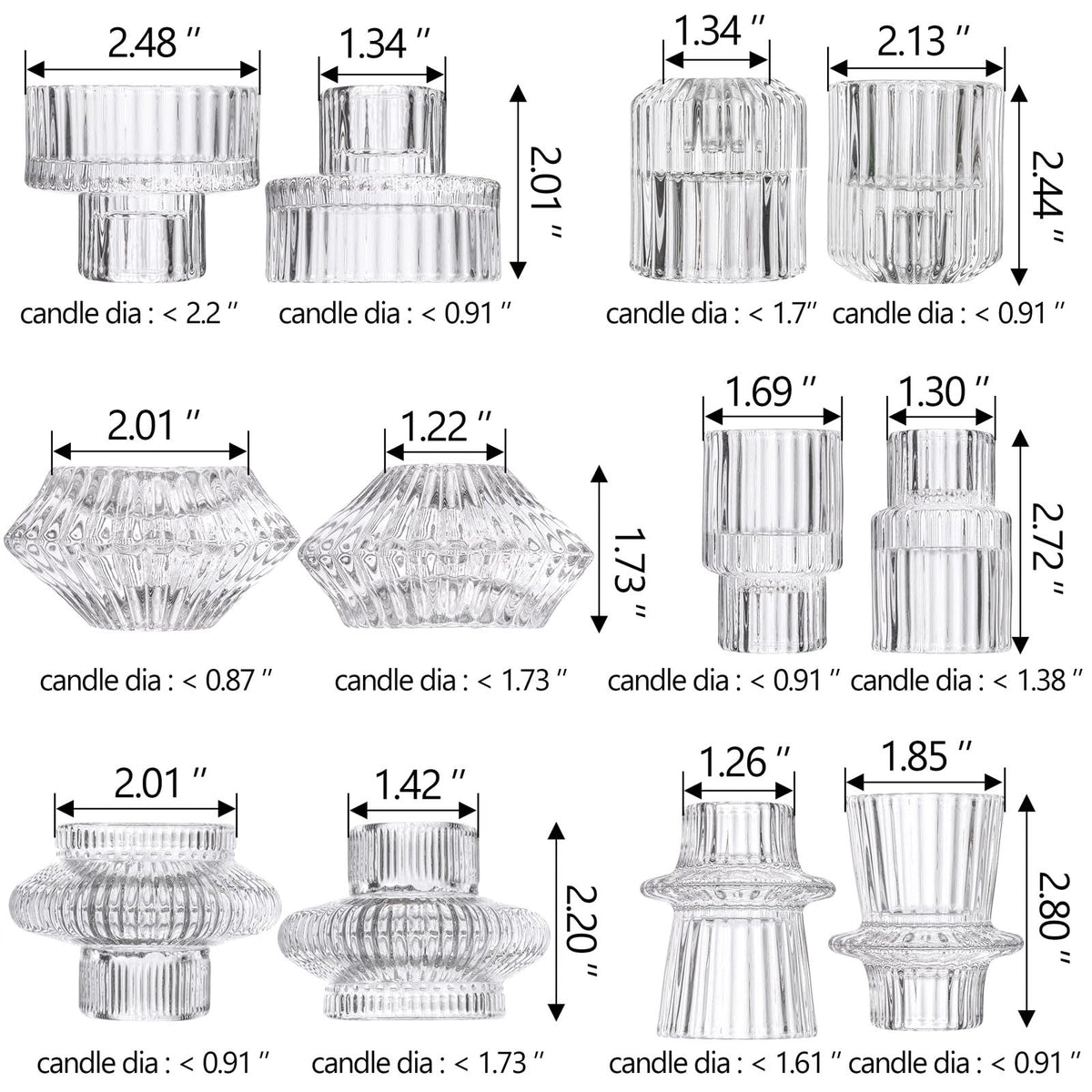 6PCS Taper Candle Holders Clear Glass Candlestick Holders Ribbed Glass Taper Candle Holders for Christmas Events Party Wedding Reception Table Centerpiece Decorations