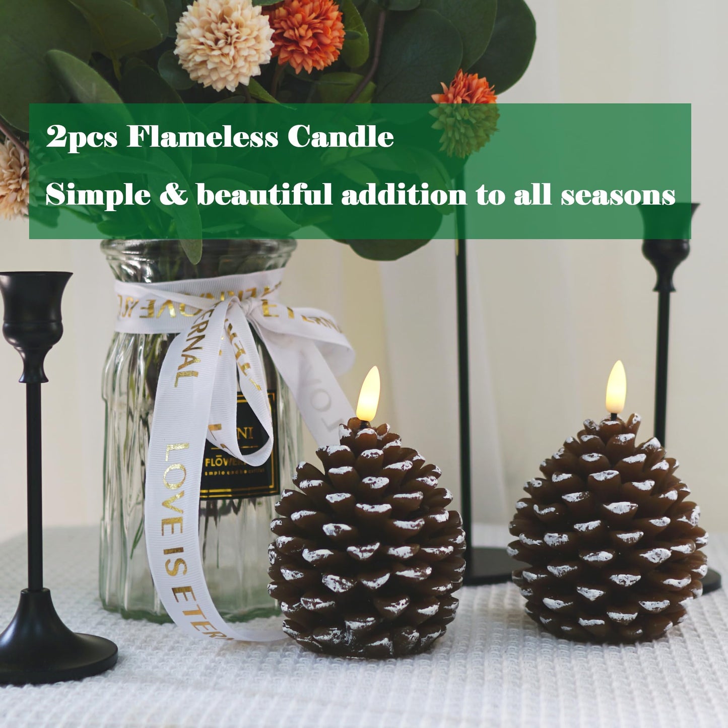 VOELIGT Set of 2Pcs Pinecone Flameless Candles Brown White Christmas Gift Home Decoration Candle Light