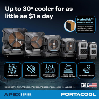 Portacool Apex 500 (PACA05001A1) – Wi-Fi Enabled High Velocity Portable Evaporative Cooler for 500 sq. ft. with up to 55-foot Reach, Oscillating Louvers, Programable, 13 Gallon Reservoir, Variable Spd
