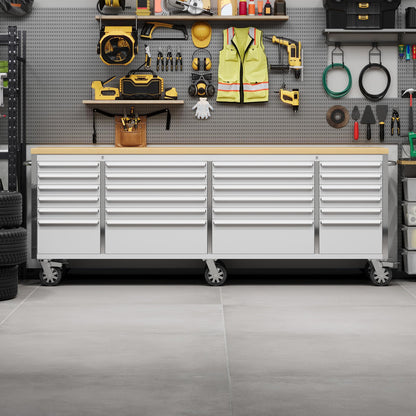 Heavy Duty 61" Tool Chest Cabinet, Mobile Garage Workbench with 24Drawers and Power Strip, Rubber Wood Worktop, 1675 LBS Load, Rolling Tool Storage Organizer for Mechanic, Shop or Home Use