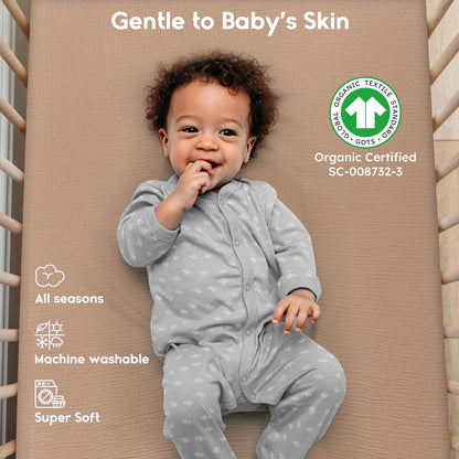 Yoofoss Muslin Crib Sheets for Boys Girls 100% Cotton Fitted Baby Crib Sheet 2 Pack Soft and Breathable for Standard Crib Mattress & Toddler Mattress 52"x28" Apricot&Green