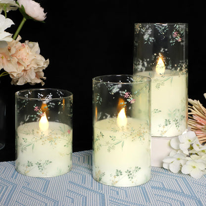 FLAVCHARM Glass Flameless Candles Flickering Battery Operated LED Pillar Candles Set of 3 with Timer and and 10-Key Remote Green Branch Floral Spring Summer Theme for Wedding Festival Home Decoration
