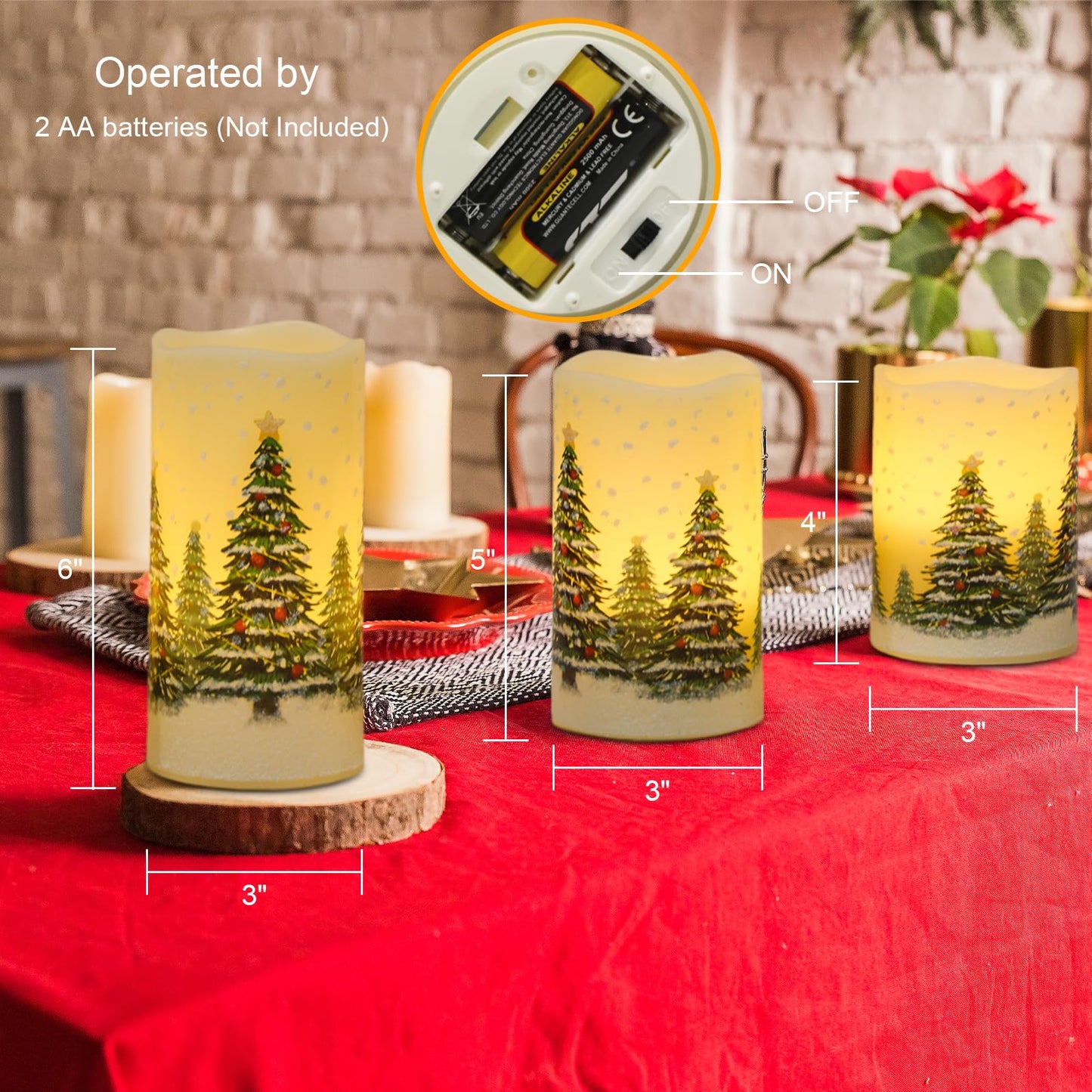 Wondise Flameless Flickering Pillar Candles with Remote Timer, Real Wax Battery Operated Christmas Tree Pine Tree Decal LED Candle for Christmas Decoration Gifts, Set of 3(D3 x H4/5/6 Inch)