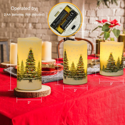 Wondise Flameless Flickering Pillar Candles with Remote Timer, Real Wax Battery Operated Christmas Tree Pine Tree Decal LED Candle for Christmas Decoration Gifts, Set of 3(D3 x H4/5/6 Inch)