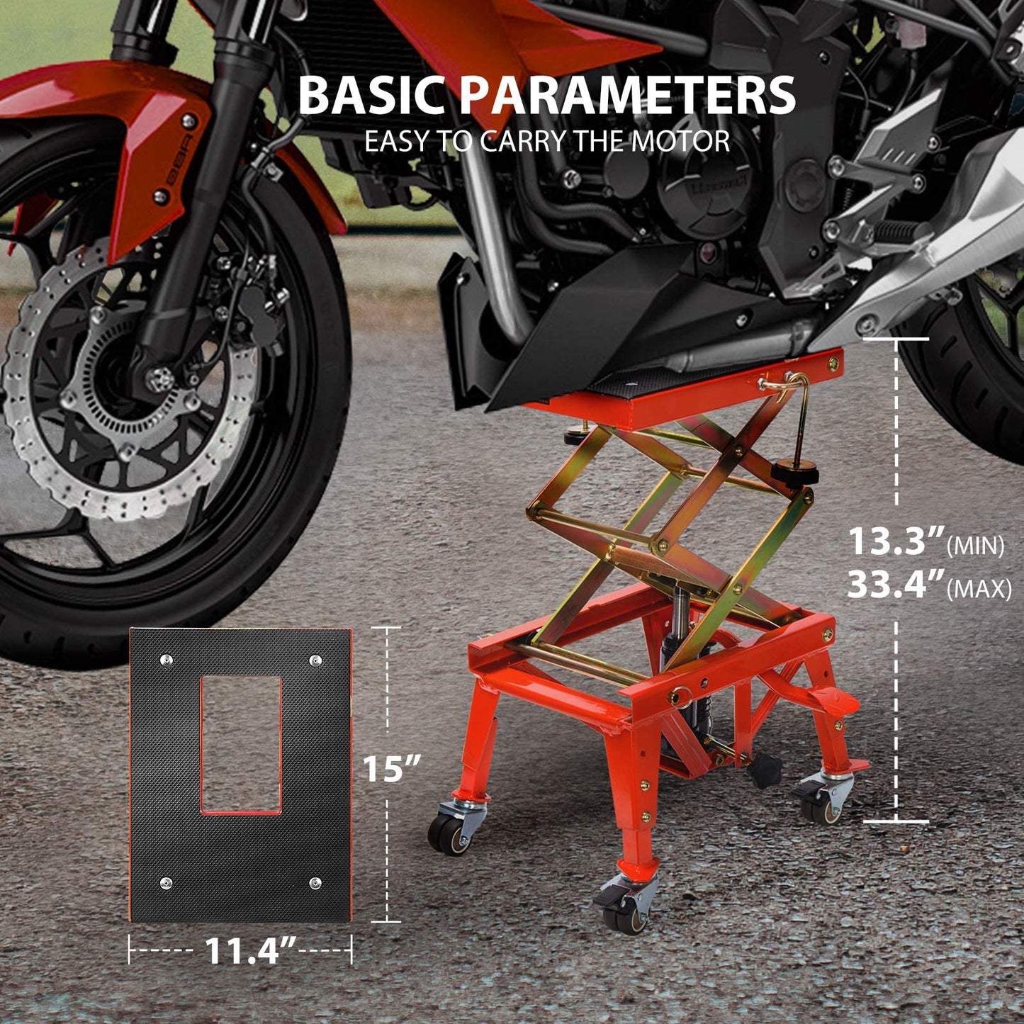 VIVOHOME Heavy Duty Hydraulic Motorcycle Lift Table Foot Operated ATV Dirt Bike Scissor Jack Stand with Motorcycle Rear Wheel Lift Universal Sport Bike Swingarm Spool Paddock Stand Combo