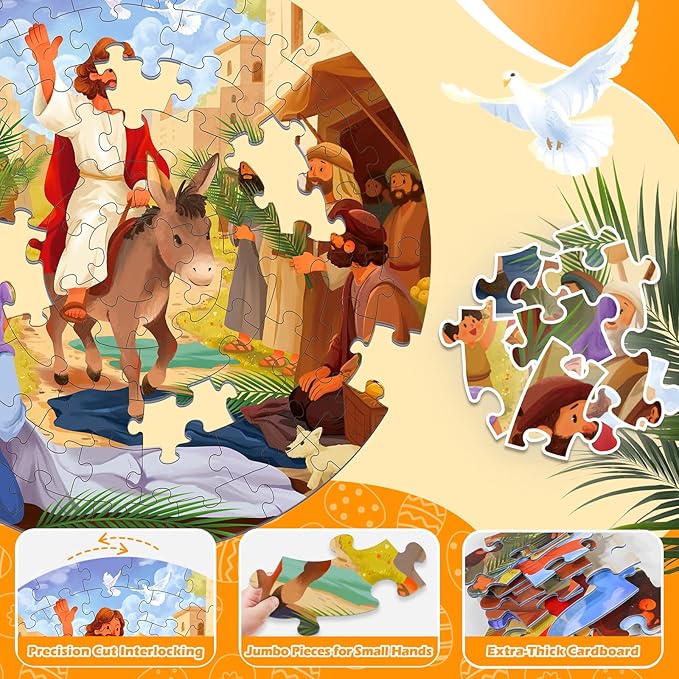 Christian Easter Gifts for Kids 70 Piece Jesus Floor Puzzles for Kid Easter Basket Stuffers Christian Educational Toy for Sunday School Holy Week Palm Sunday Gift Boys Girls Ages 3-8