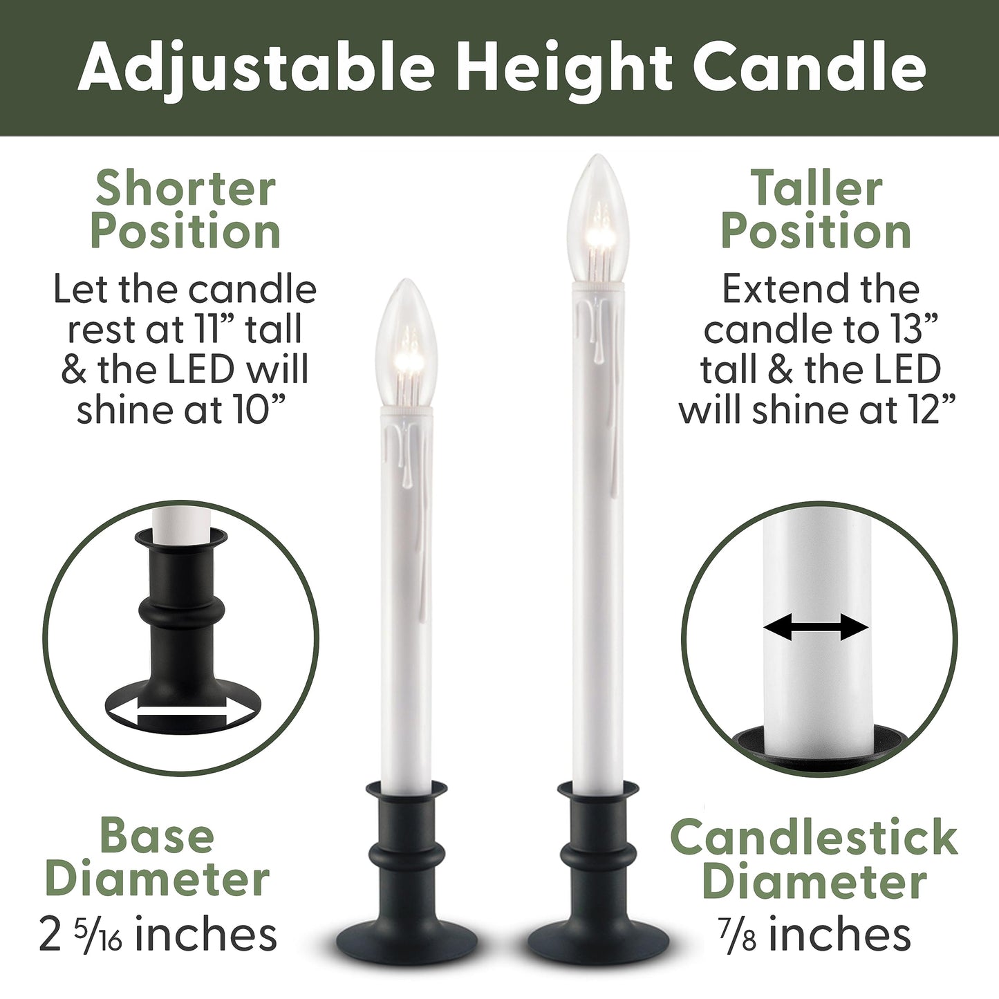 612 Vermont Ultra-Bright LED Window Candles with Timer, Battery Operated, Metal Base, White Candlestick, Adjustable Height (Pack of 4, Brushed Nickel)